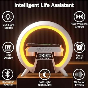 Bluetooth Speaker with Wireless Charger, Digital Clock, Mood Lamp & Alarm - Image 2