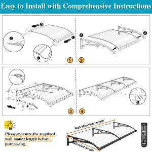 Door and Window Canopy Awning,  Aluminum Bracket  with   rain gutter,size:  60x150,80x150,100x150cm,clear or grey - Image 3
