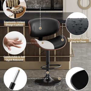 Adjustable Swivel Bar Stools, Mid-Century Modern PU Leather Counter Height Bar Stool for Kitchen Island Bar Chairs with Back - Image 6