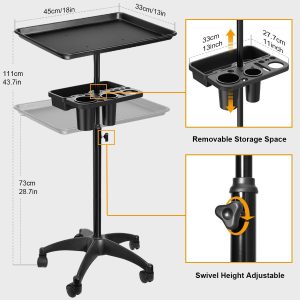 Rolling Salon Tray Cart, Metal Salon Tray on Wheels, Adjustable Hairstylist Trays Salons Stations for Hair Stylist, Tattoo Trays Trolley Cart - Image 4