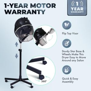 Professional Salon Hair Dryer 950 Watt - Adjustable Height, 5-Star Caster Base, 60 Min Timer, Auto Shut-Off, Temp Control & 6-Speed Fan - Image 4