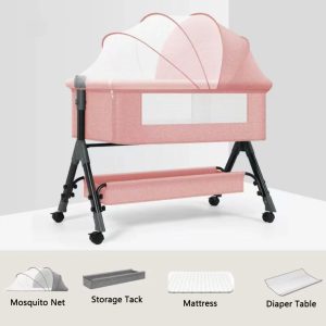 Baby Bassinet Pink, Baby Crib Set with Mosquito Net and Diaper Table - Image 3