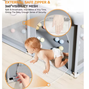 Baby Playpen, Playpen for Toddler with Zip Gate, Safety Play Yard with Soft Breathable Mesh - Grey - Image 4