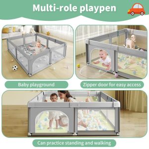 Baby Playpen, Playpen for Toddler with Zip Gate, Safety Play Yard with Soft Breathable Mesh - Grey - Image 3